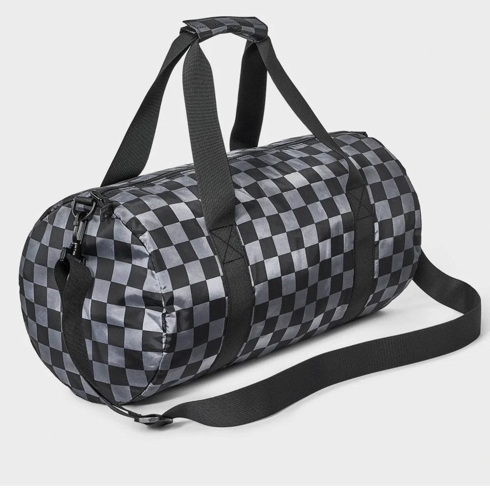 Cat & Jack Kids Checkered Duffel Bag Black Grey Barrel Sports Travel TB1001 NWT
